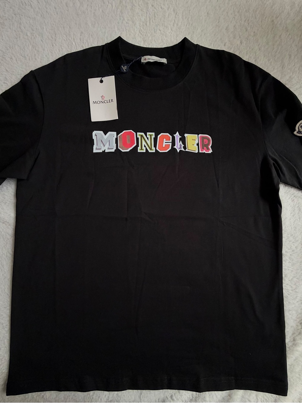 Moncler Black Short-Sleeve Tee with Multicolor Lettering